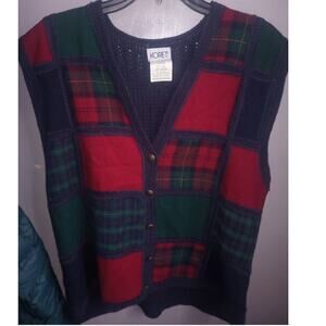 Unisex Koret VTG Plaid Tartan Holiday Vest Wool Patch Large